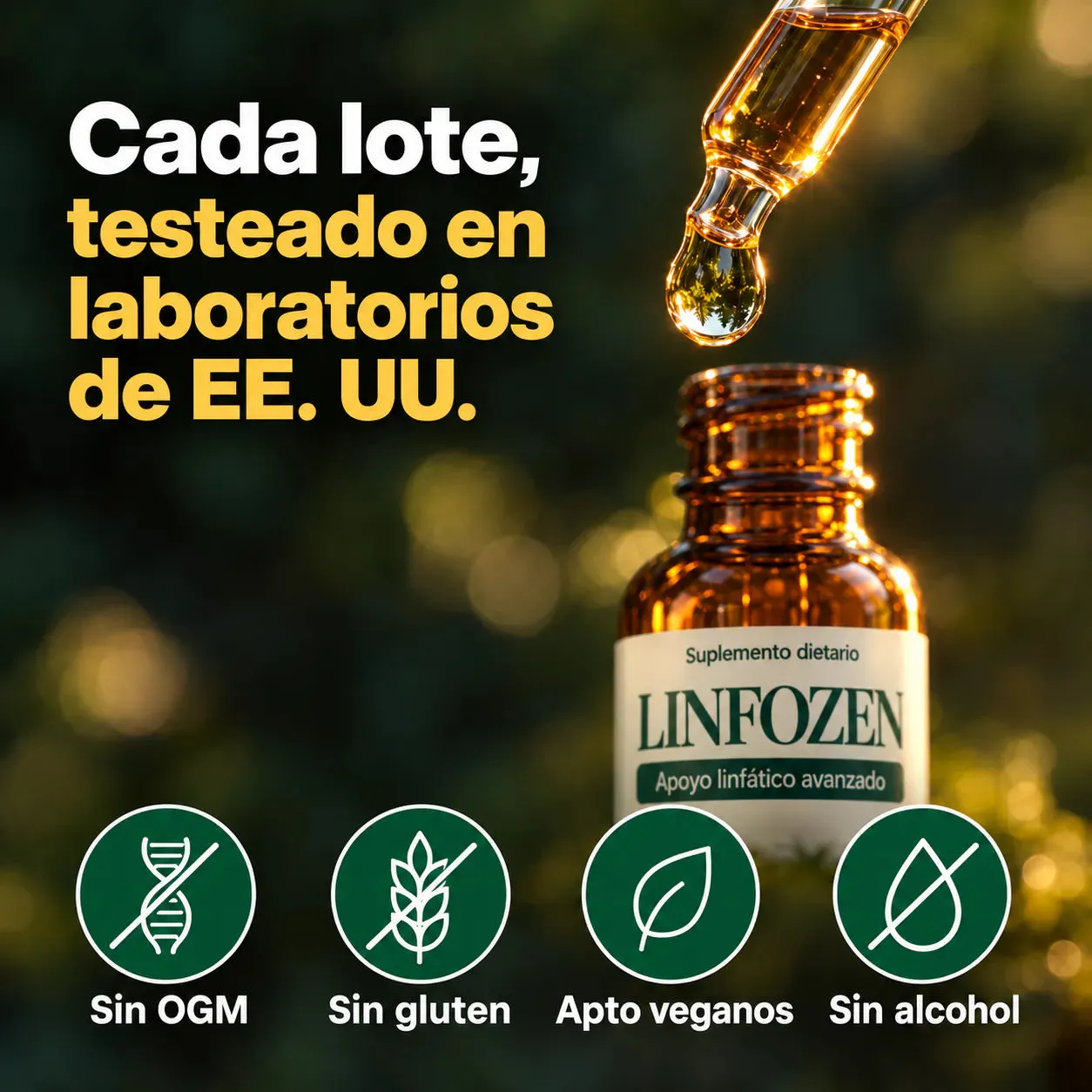 Cada lote testeado en laboratorios de EE. UU.: sin OGM, sin gluten, apto veganos y sin alcohol